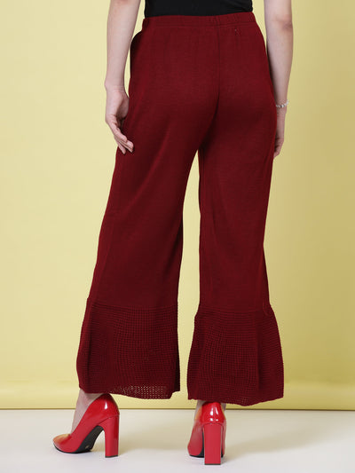 Red and maroon solid woolen palazzo pants with elasticated waistband.