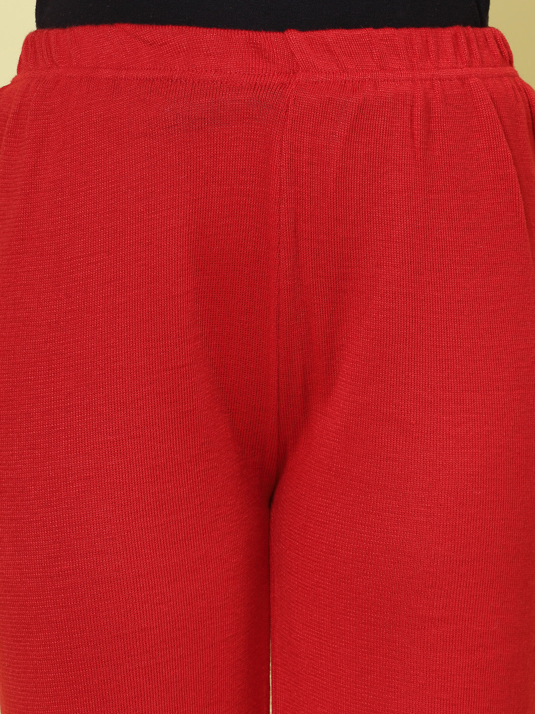 Red solid woolen palazzo with elastic waistband and slip-on closure.