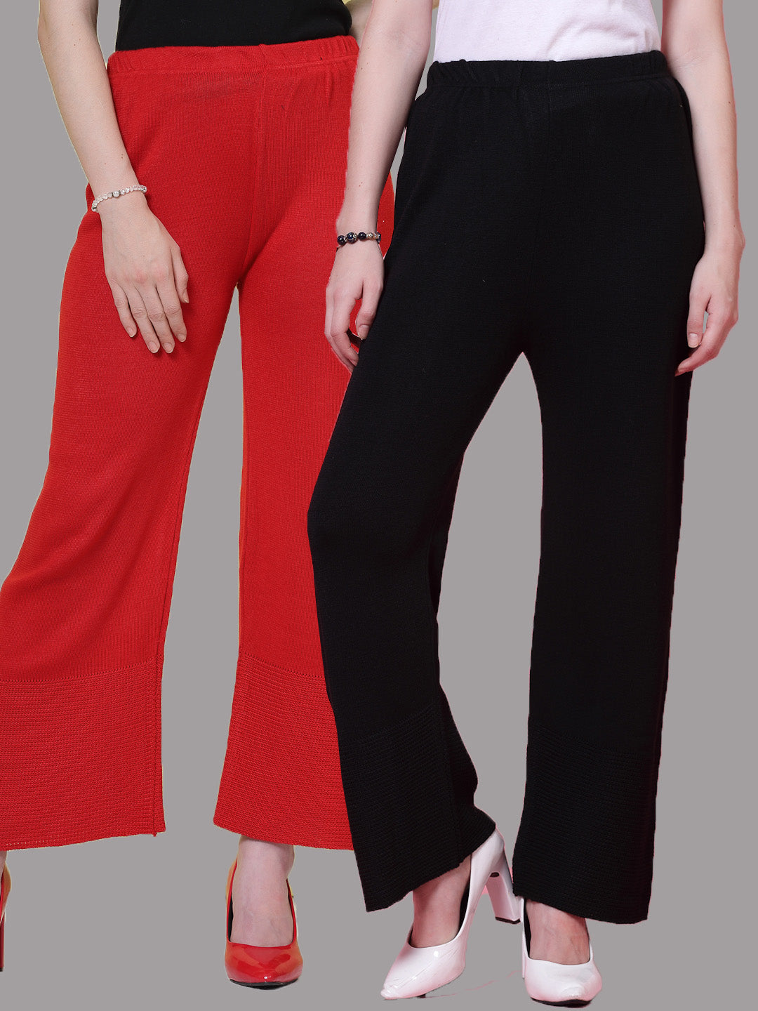 Red and black solid woolen palazzo pants with elasticated waistband.