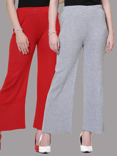 Red and light grey solid woolen palazzo pack of 2 with elastic waistband.