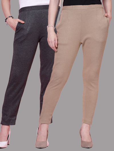 Dark Grey & Dark Fawn Solid Woolen Trouser (Pack of 2)