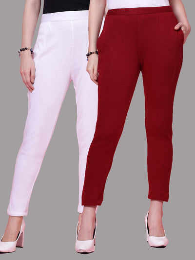 White and maroon solid woolen trousers with elasticated waistband and side pockets.