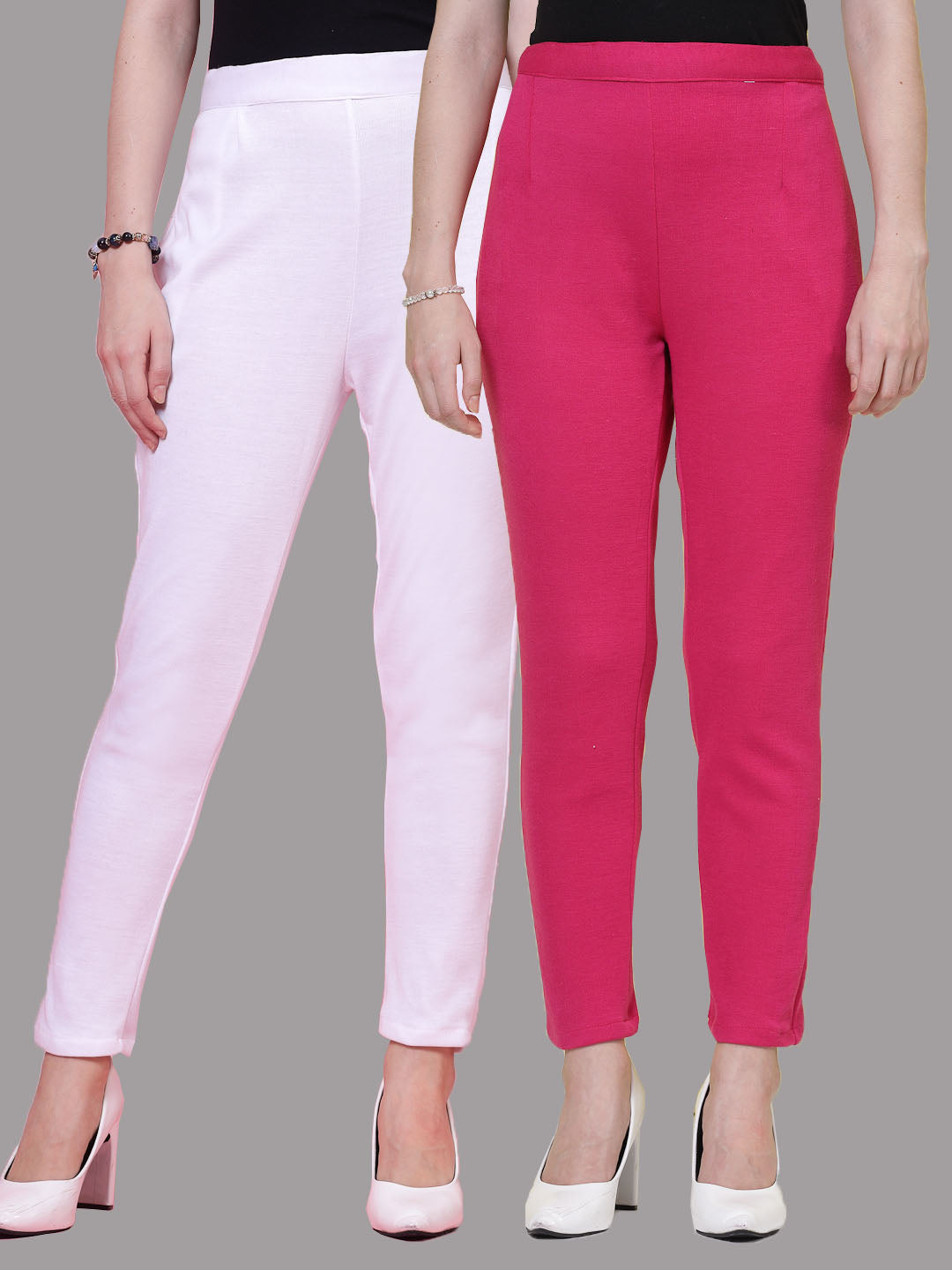 White and magenta solid woolen trousers pack with elasticated waistband and side pockets.