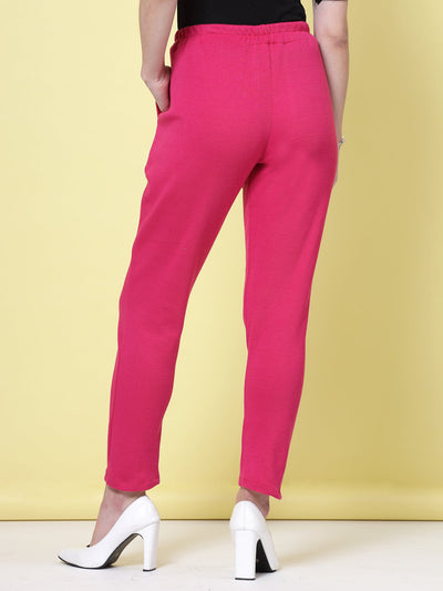 White & Magenta Solid Woolen Trouser with elastic waistband and side pockets.