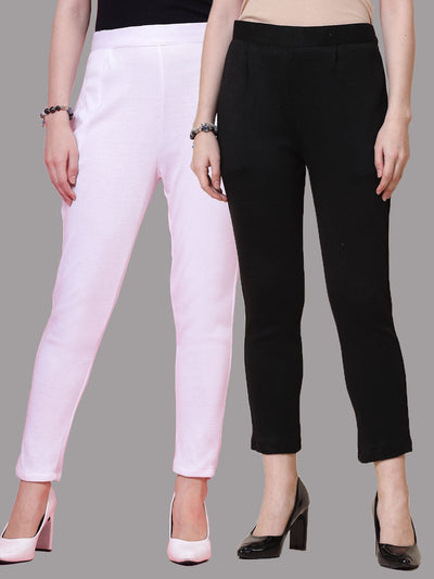 White & black solid woolen trousers pack of 2 with elasticated waistband and side pockets.