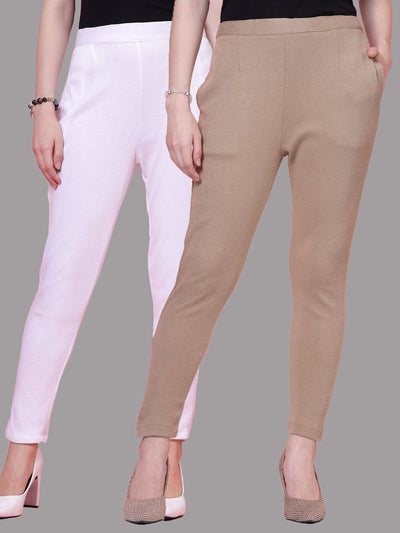 White and dark fawn solid woolen trousers pack with elastic waistband and side pockets.