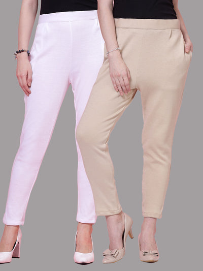 Pack of 2 white and light fawn solid woolen trousers with elastic waistband and side pockets.