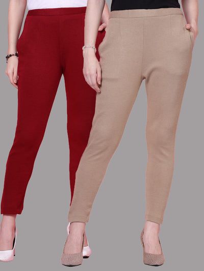 Maroon & Dark Fawn Solid Woolen Trouser (Pack of 2)