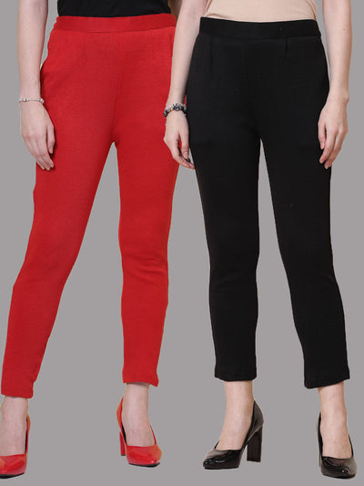 Red and black solid woolen trousers pack with elasticated waistband and side pockets.