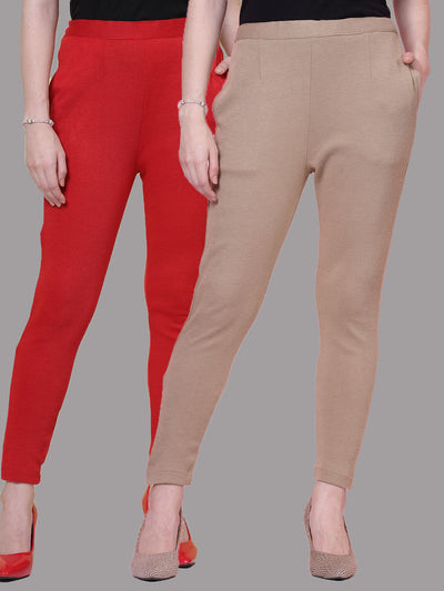 Red and dark fawn solid woolen trousers pack, elasticated waistband, side pockets.