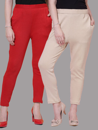 Red and light fawn solid woolen trousers with elasticated waistband and side pockets.