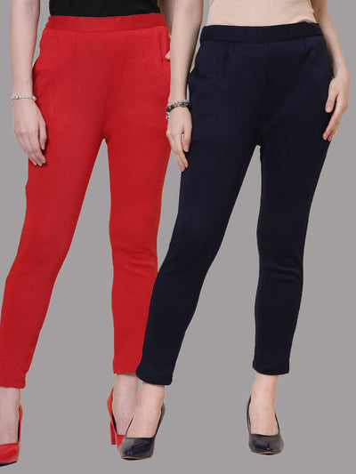 Red and navy blue solid woolen trousers pack with elastic waistband and side pockets.