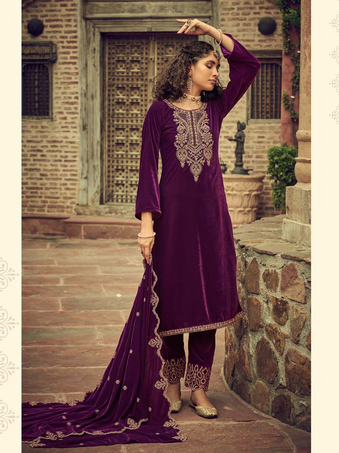 Purple Embroidered Velvet Kurta with Dupatta Set