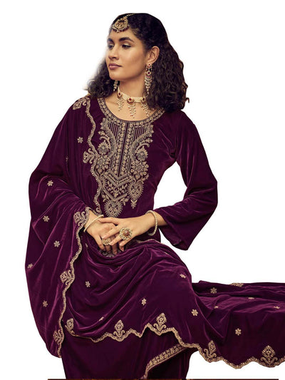 Purple Embroidered Velvet Kurta with Dupatta Set