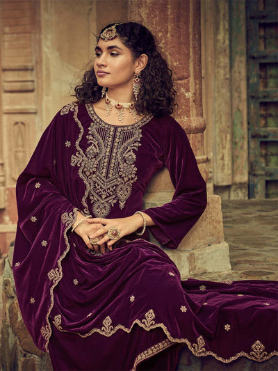 Purple Embroidered Velvet Kurta with Dupatta Set