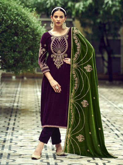 Purple Embroidered Velvet Kurta with Dupatta Set