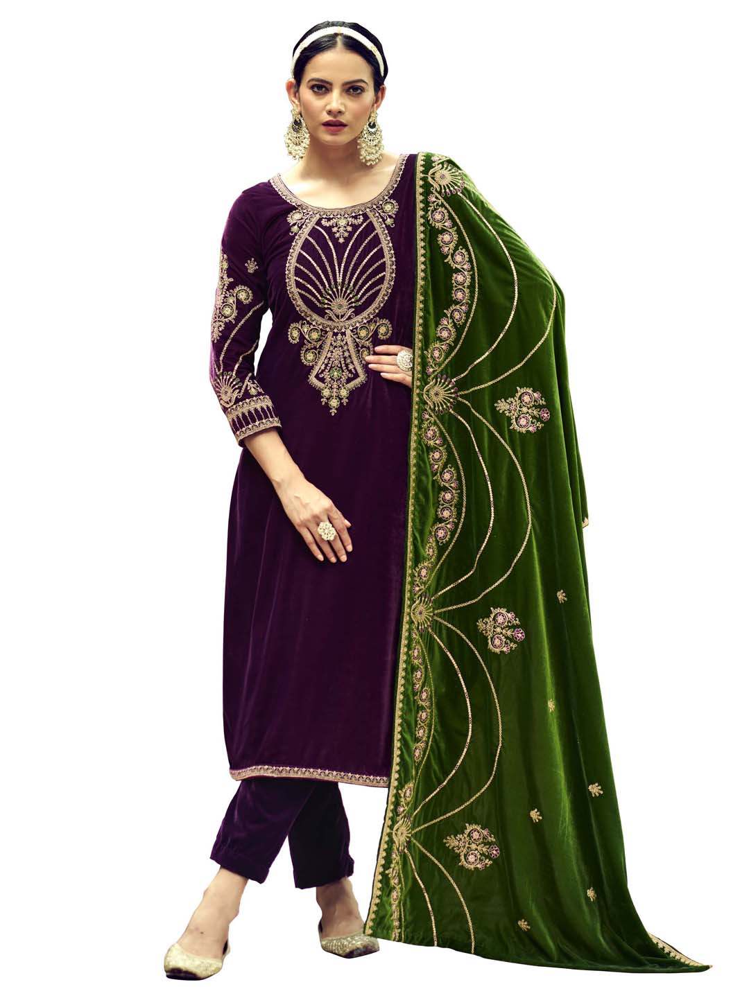 Purple Embroidered Velvet Kurta with Dupatta Set