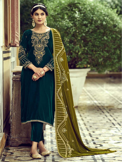 Teal Embroidered Velvet Kurta with Dupatta Set