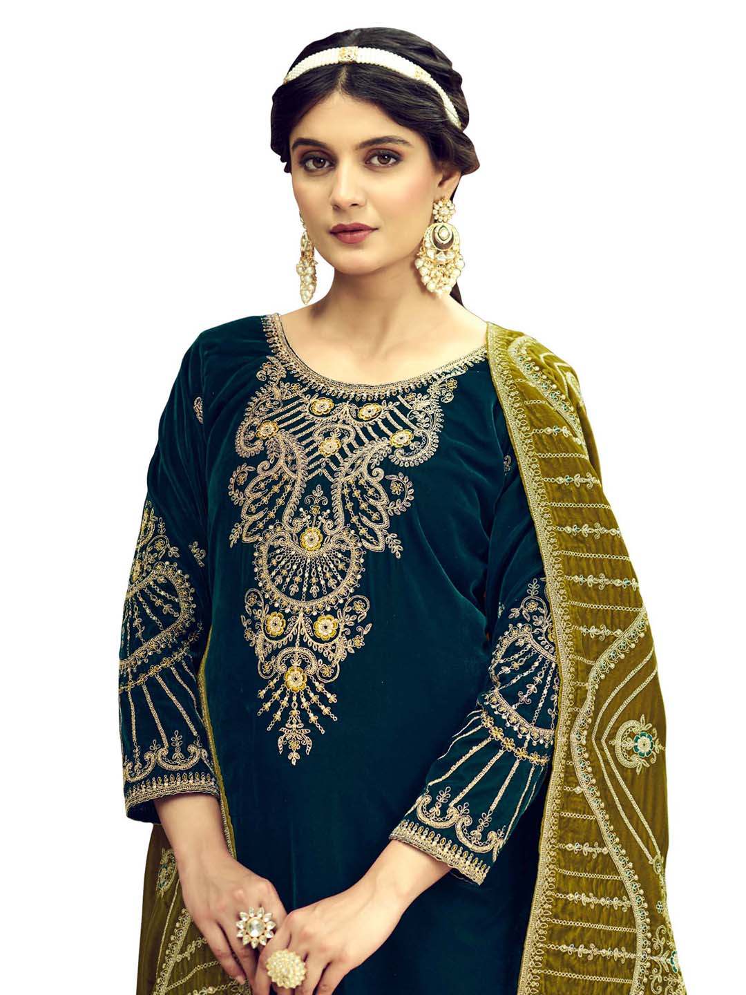 Teal Embroidered Velvet Kurta with Dupatta Set