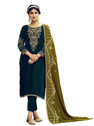 Teal Embroidered Velvet Kurta with Dupatta Set