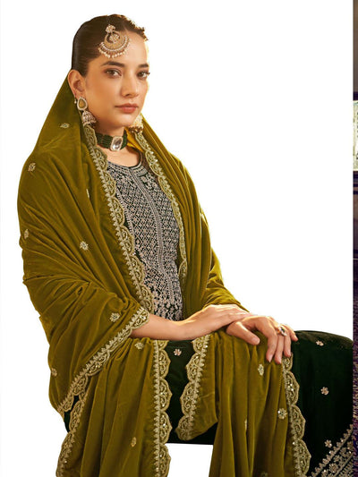 Mustard Embroidered Velvet Kurta with Dupatta Set