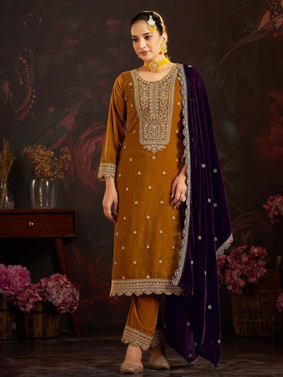 Mustard Embroidered Velvet Kurta with Dupatta Set