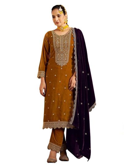 Mustard Embroidered Velvet Kurta with Dupatta Set