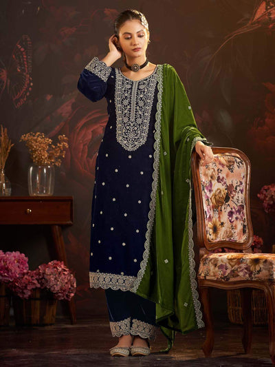 Navy Blue Embroidered Velvet Kurta with Dupatta Set