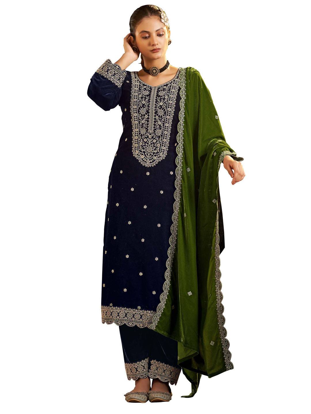 Navy Blue Embroidered Velvet Kurta with Dupatta Set