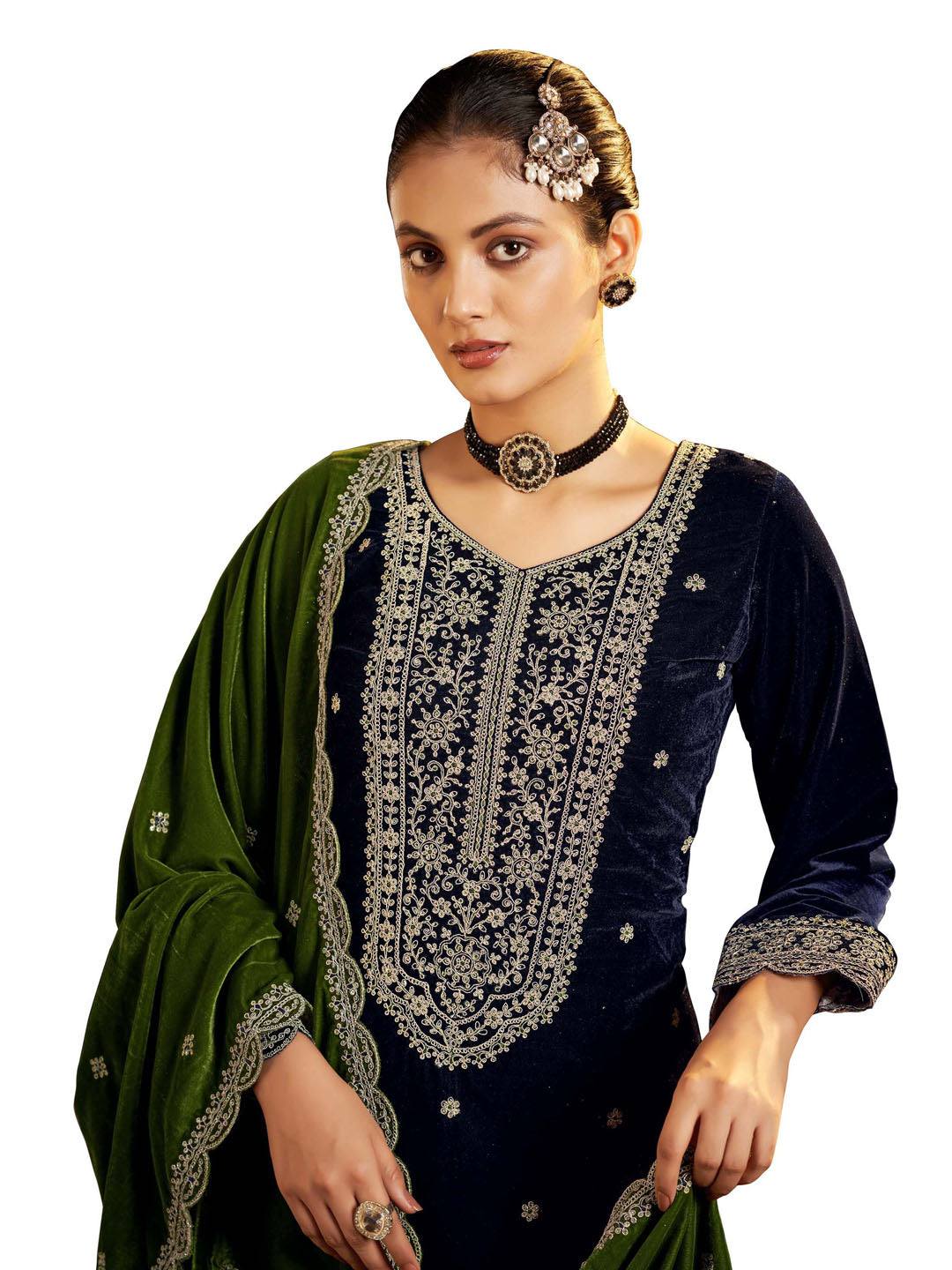 Navy Blue Embroidered Velvet Kurta with Dupatta Set