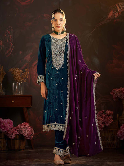 Teal Embroidered Velvet Kurta with Dupatta Set