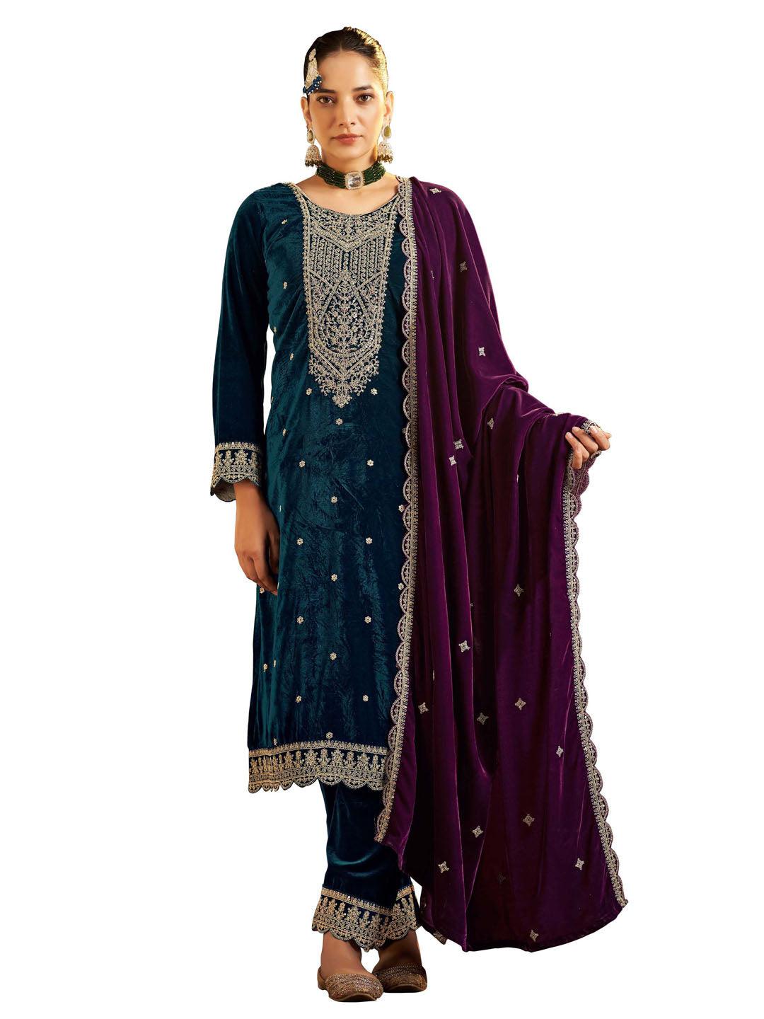 Teal Embroidered Velvet Kurta with Dupatta Set