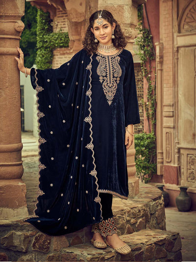 Navy Blue Embroidered Velvet Kurta with Dupatta Set