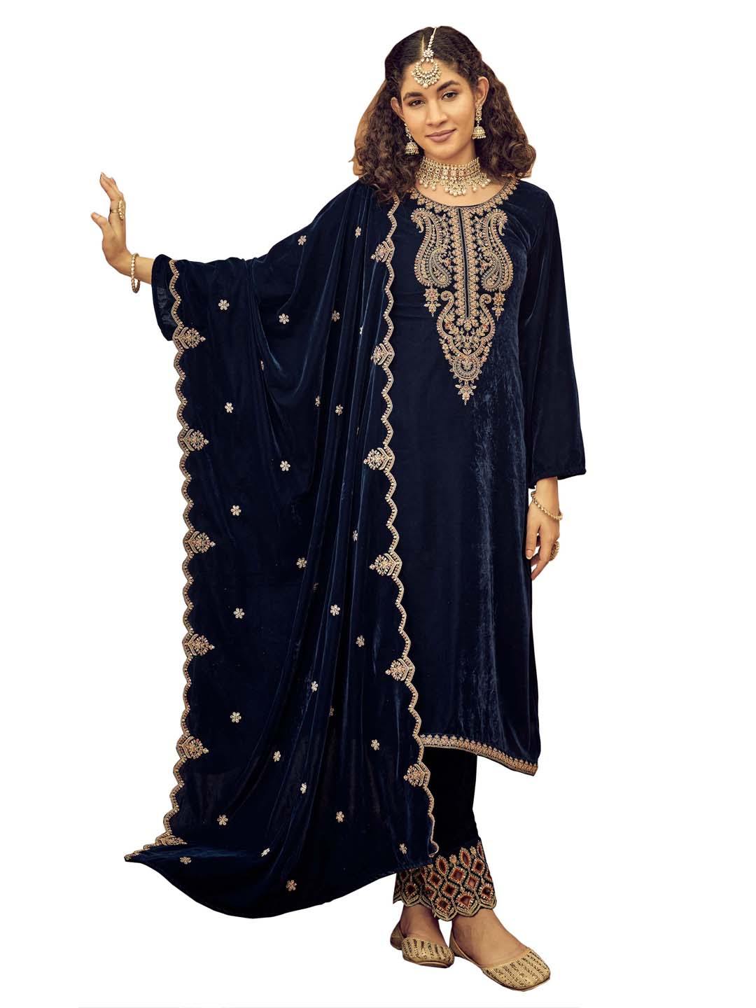 Navy Blue Embroidered Velvet Kurta with Dupatta Set