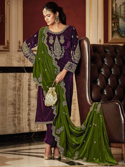 Purple Embroidered Velvet Kurta with Dupatta Set