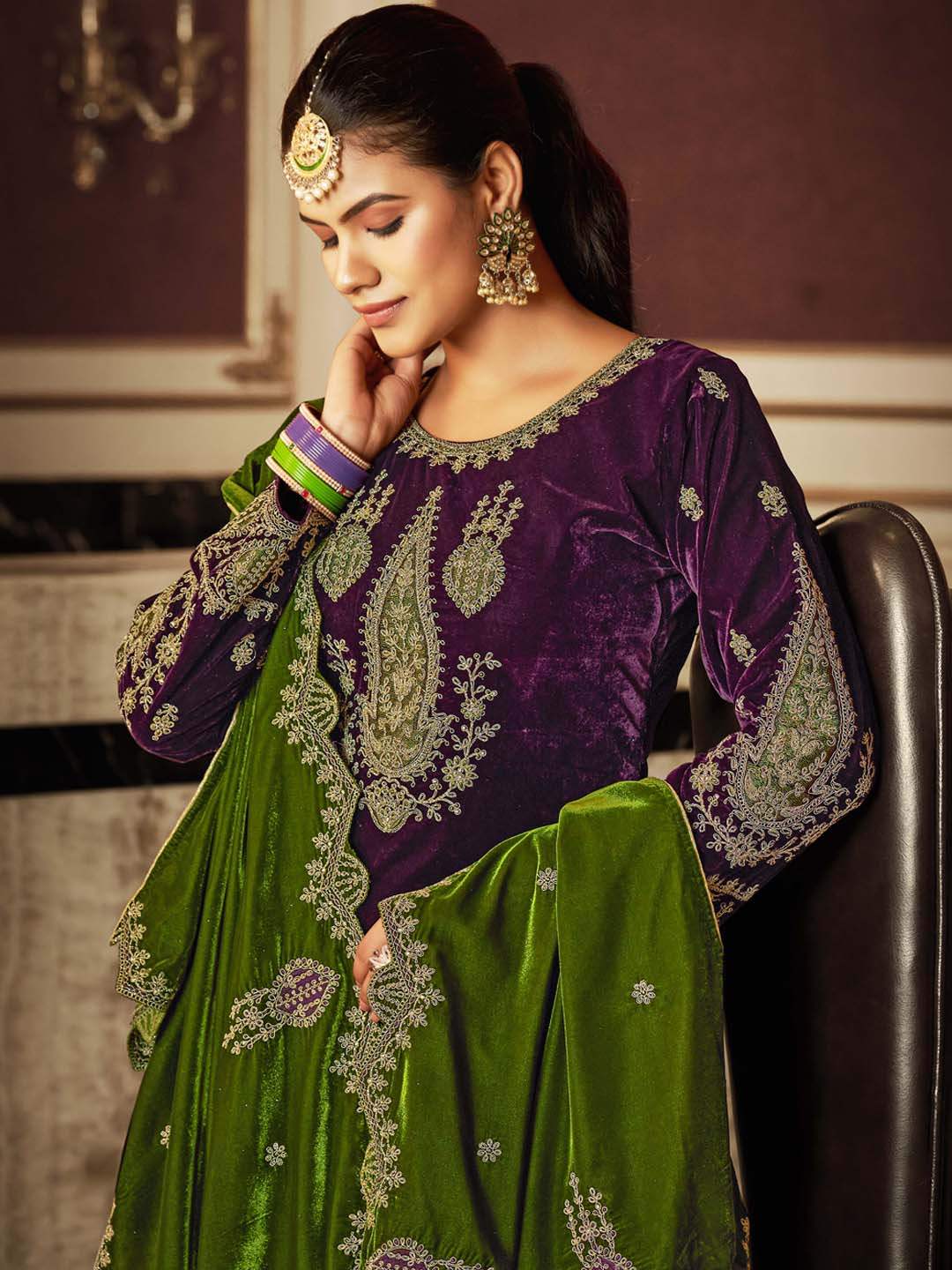 Purple Embroidered Velvet Kurta with Dupatta Set