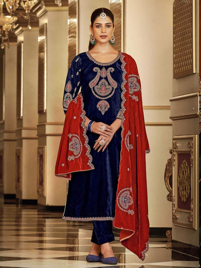 Navy Blue Embroidered Velvet Kurta with Dupatta Set