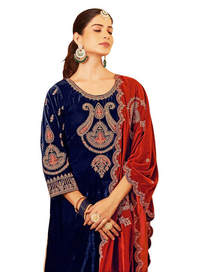 Navy Blue Embroidered Velvet Kurta with Dupatta Set