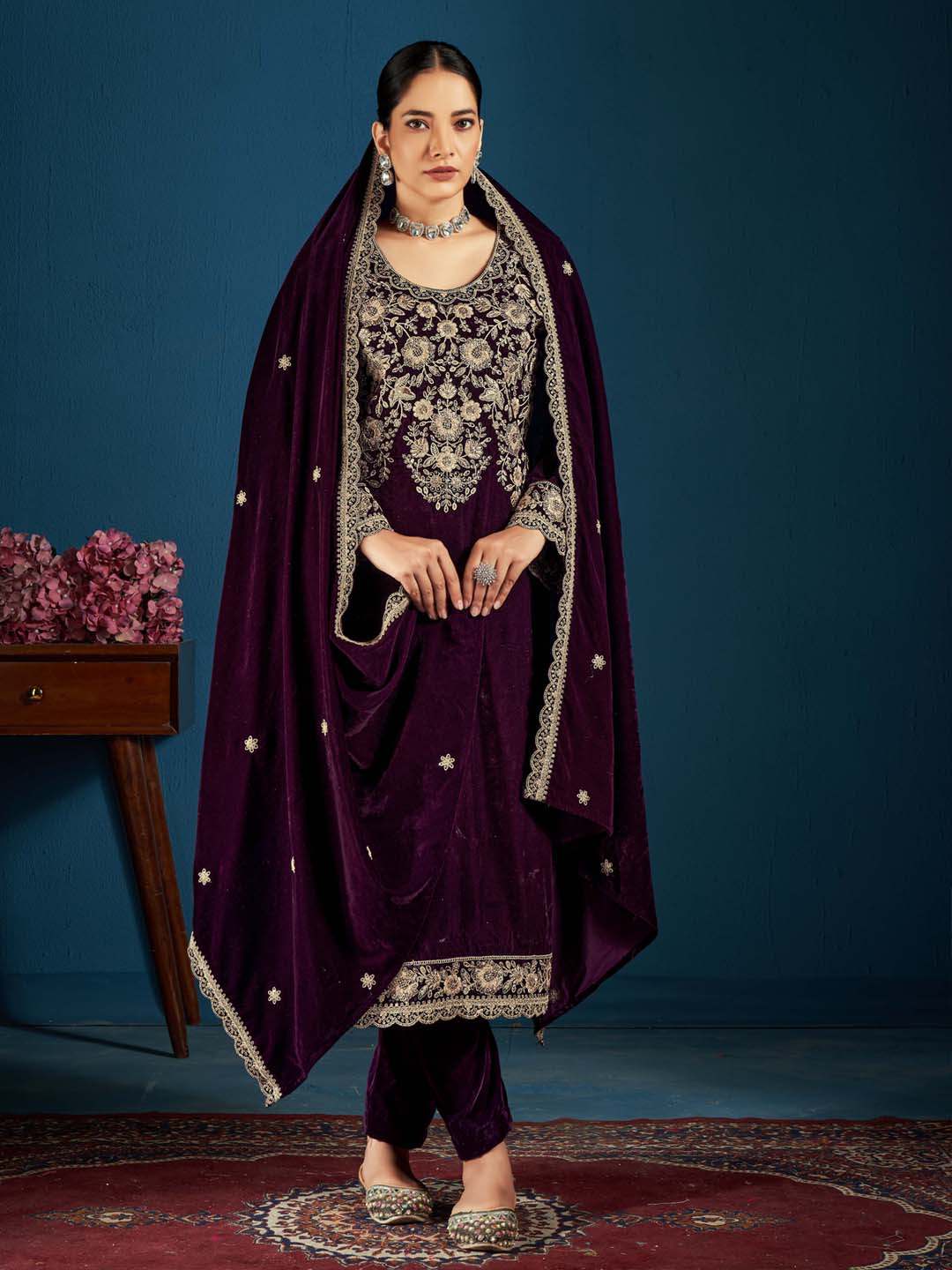 Wine Embroidered Velvet Kurta with Dupatta Set