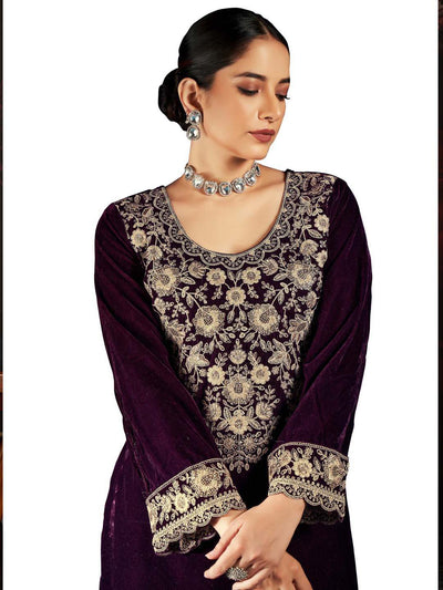 Wine Embroidered Velvet Kurta with Dupatta Set