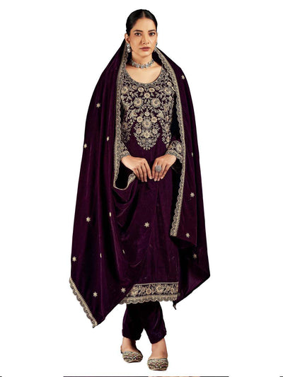 Wine Embroidered Velvet Kurta with Dupatta Set