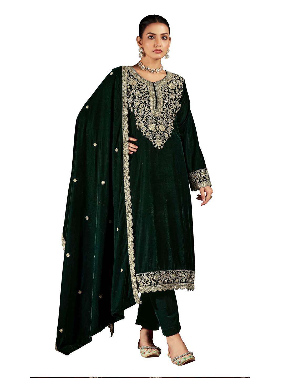 Bottle Green Embroidered Velvet Kurta with Dupatta Set