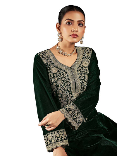 Bottle Green Embroidered Velvet Kurta with Dupatta Set