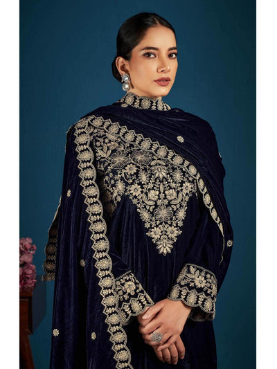 Navy Blue Embroidered Velvet Kurta with Dupatta Set featuring intricate front and sleeve embroidery.