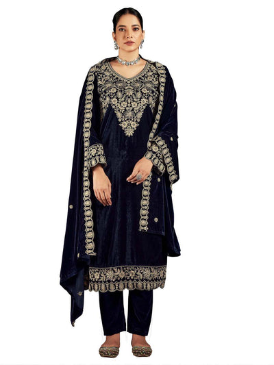 Navy Blue Embroidered Velvet Kurta Set with Dupatta, intricate design, traditional attire.