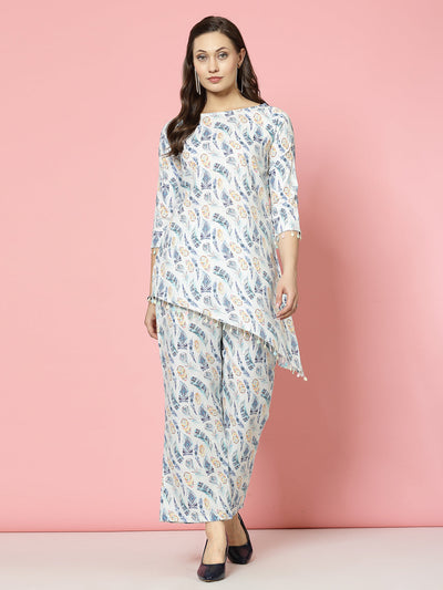 Printed tunic and trouser co-ords set with boat neck and embellished hemline.