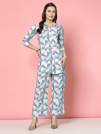 Printed shirt with trousers co-ords set featuring geometric pattern, three-quarter sleeves, and elastic waistband.