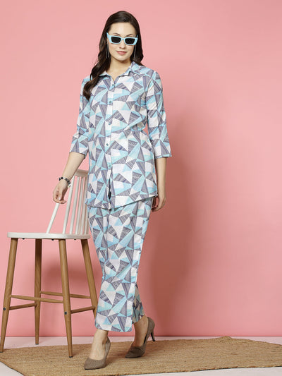 Printed shirt with three-quarter sleeves and trousers co-ords set featuring geometric pattern.