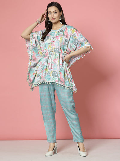 Multi embellished kaftan with trousers co-ords featuring a printed design, embellished round-neck, and sea green trousers.