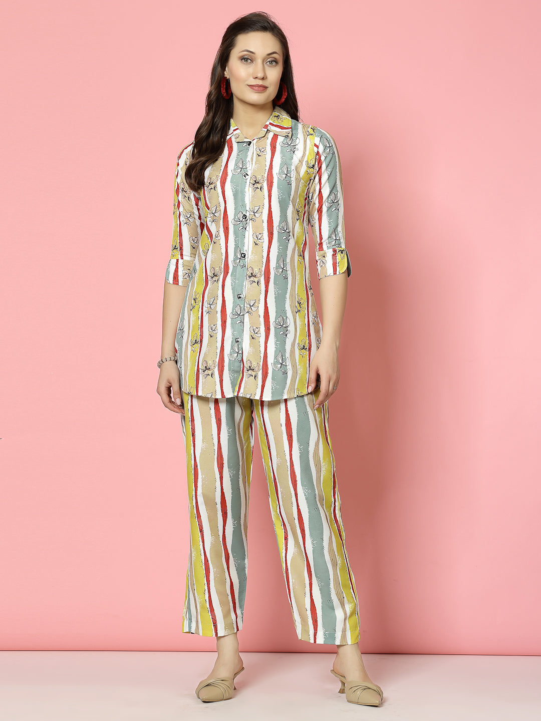 Printed floral shirt with three-quarter sleeves and matching trousers co-ords.